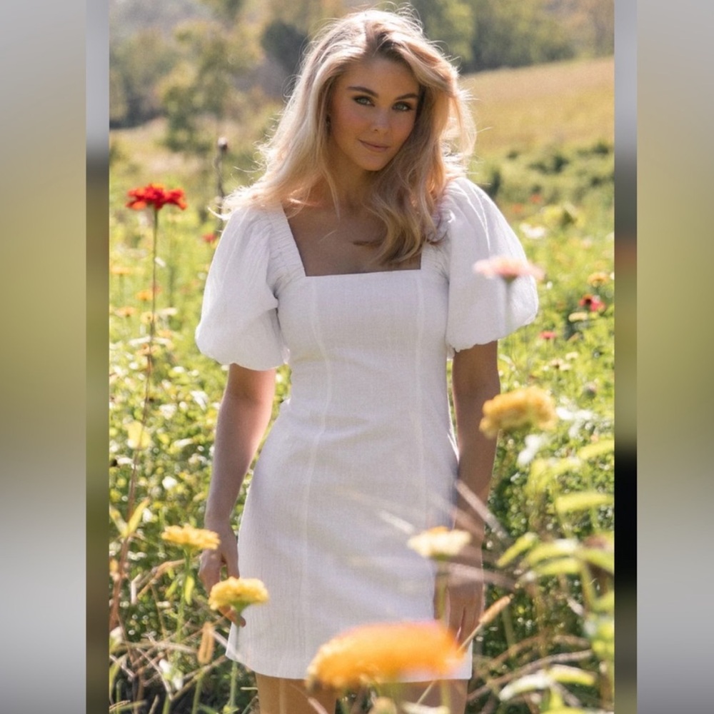 NWT SNDYS X Revolve White Tuscany Cotton Puff Sleeve Mini Dress Smock Boho XL - Picture 2 of 11